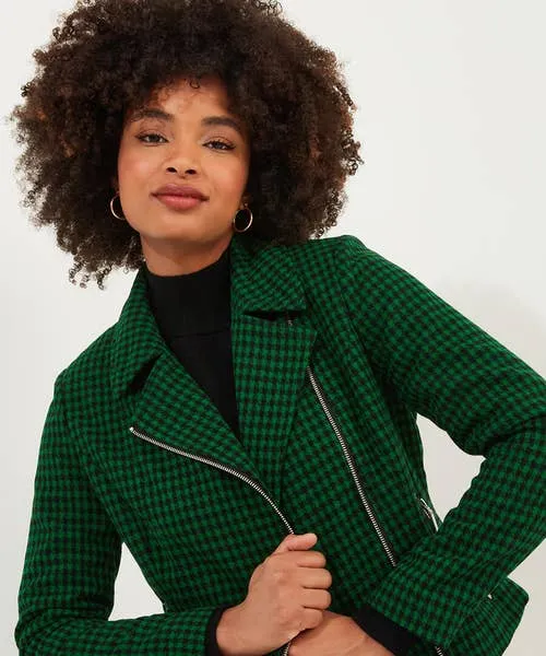 Apparel Coats and Jackets Joebrowns Meg Dogstooth Biker Jacket Green Apparel Coats and Jackets Joebrowns Meg Dogstooth Biker Jacket Green