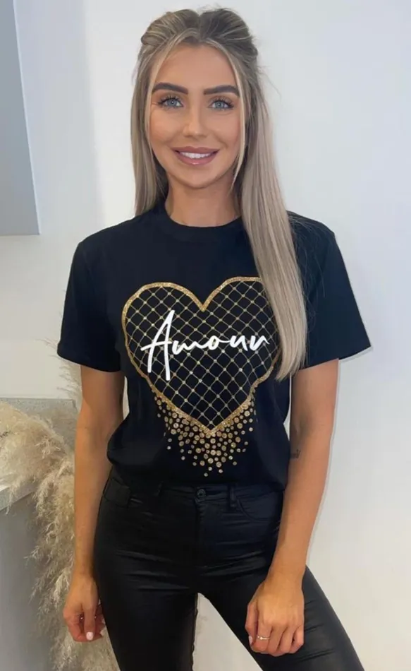 Black 039Amour039 Heart Slogan TShirt Women Missfiga Tops