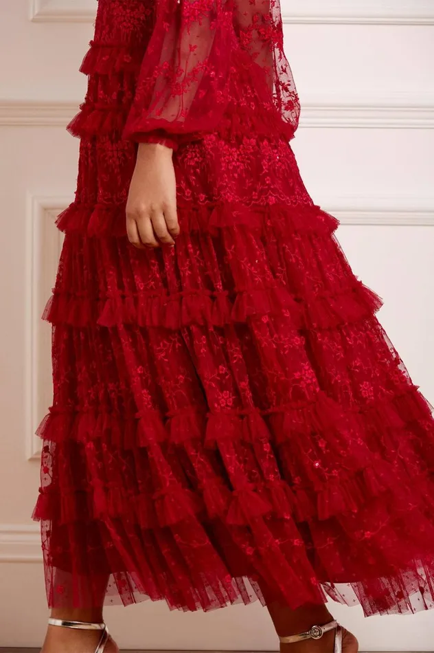 Blossom Lace Ankle Gown Red Women Needle and Thread Dresses