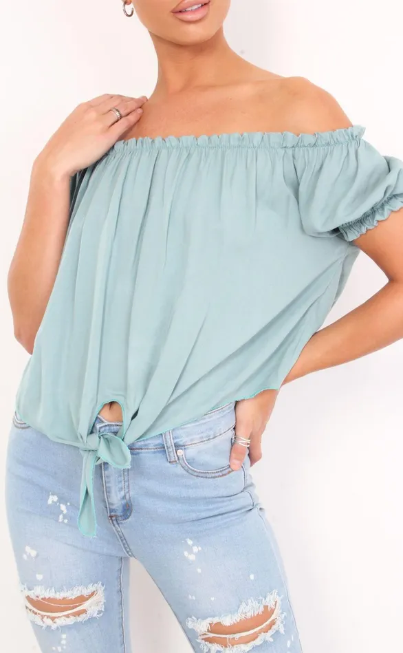 Chai Mint Bardot Tie Detail Top Women Missfiga Tops Chai Mint Bardot Tie Detail Top Women Missfiga Tops