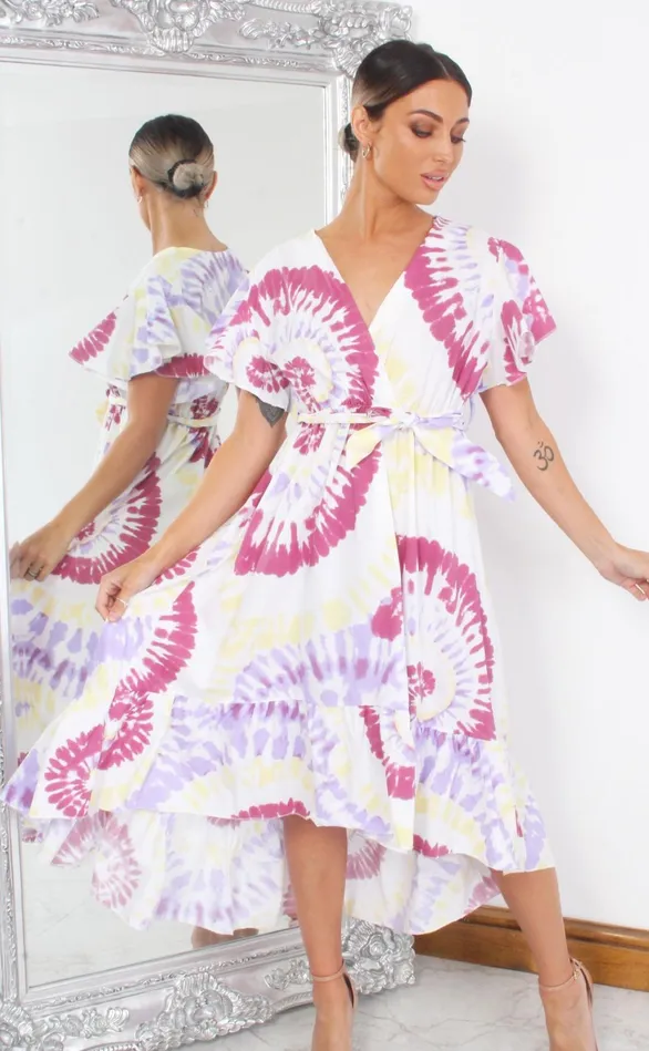 Clara Pink Tie Dye Wrap Dipped Hem Ruffle Skater Dress Women Missfiga Wrap Dresses