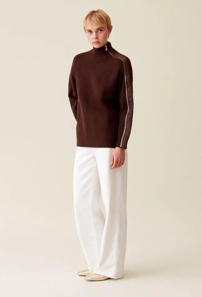 Claudie Pierlot Brown ZipUp High Neck Jumper Chocolate Women Knitwear And Cardigans Claudie Pierlot Brown ZipUp High Neck Jumper Chocolate Women Knitwear And Cardigans
