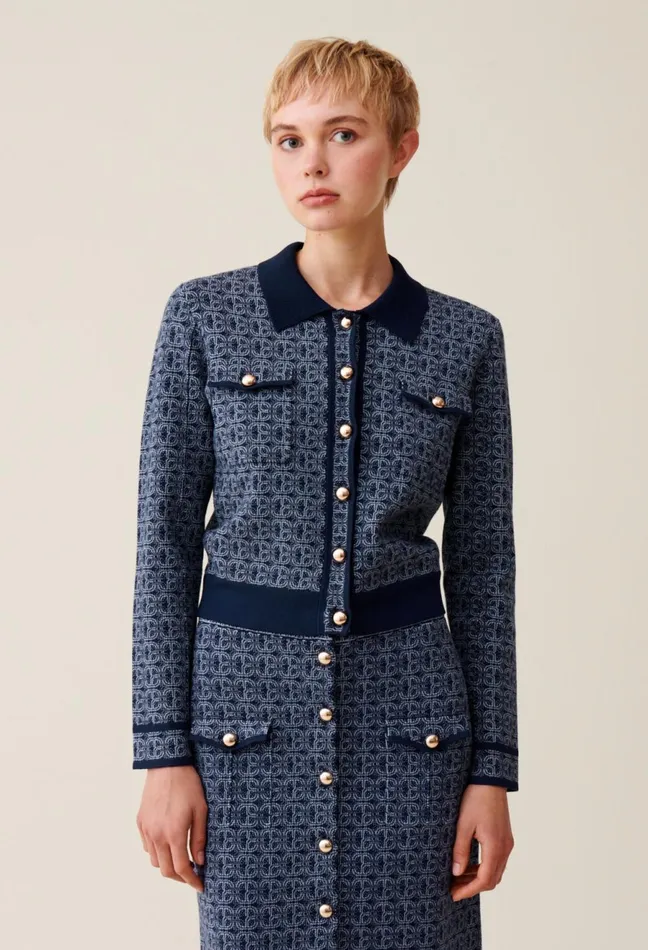 Claudie Pierlot Cp Monogram Cardigan With Collar Navy Women Knitwear And Cardigans Claudie Pierlot Cp Monogram Cardigan With Collar Navy Women Knitwear And Cardigans