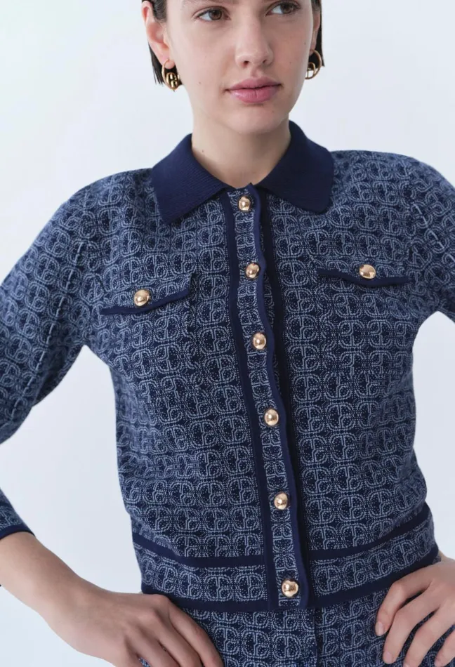 Claudie Pierlot Cp Monogram Cardigan With Collar Navy Women Knitwear And Cardigans Claudie Pierlot Cp Monogram Cardigan With Collar Navy Women Knitwear And Cardigans
