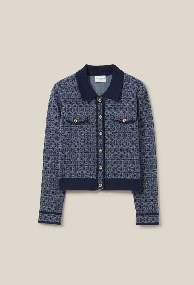 Claudie Pierlot Cp Monogram Cardigan With Collar Navy Women Knitwear And Cardigans Claudie Pierlot Cp Monogram Cardigan With Collar Navy Women Knitwear And Cardigans