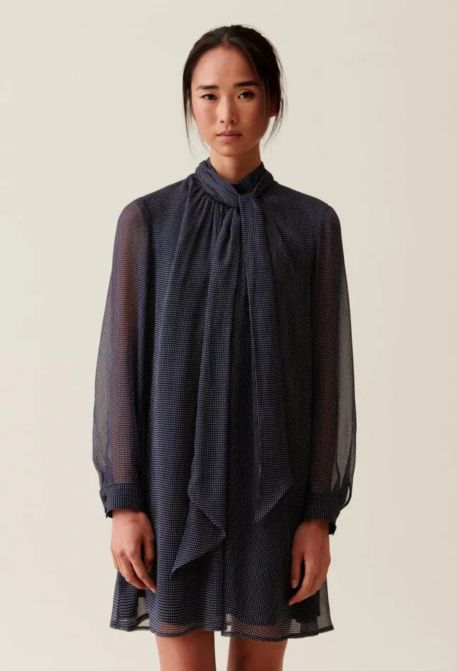 Claudie Pierlot Flowy Dress With Tie Neck Navy Women Dresses