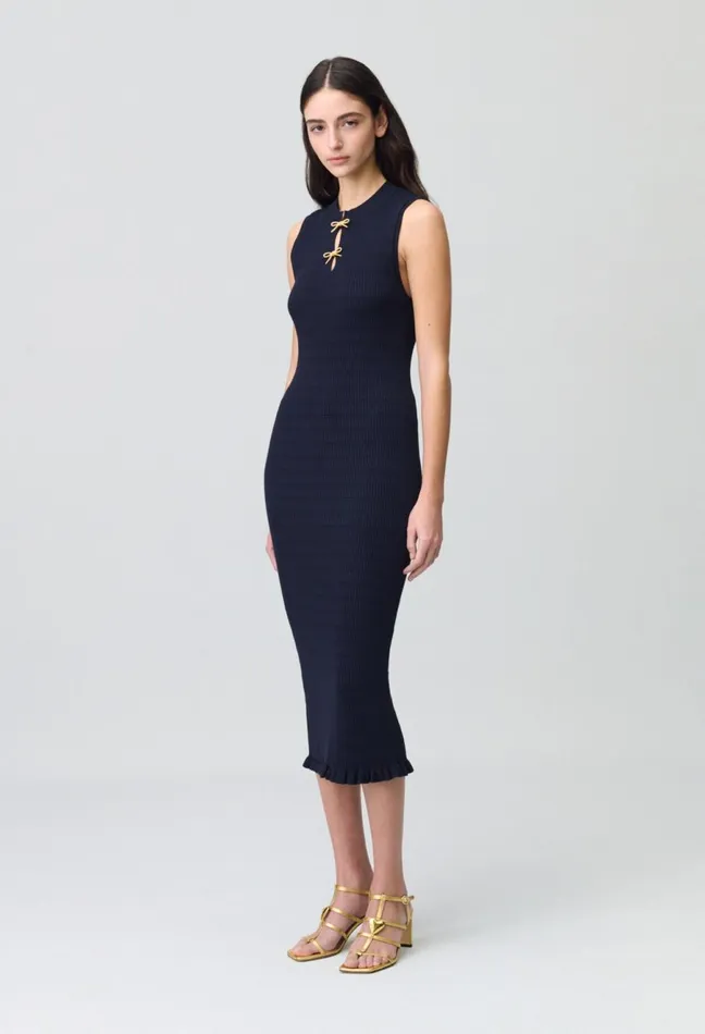 Claudie Pierlot Long Knit Dress With Bows Navy Women Dresses