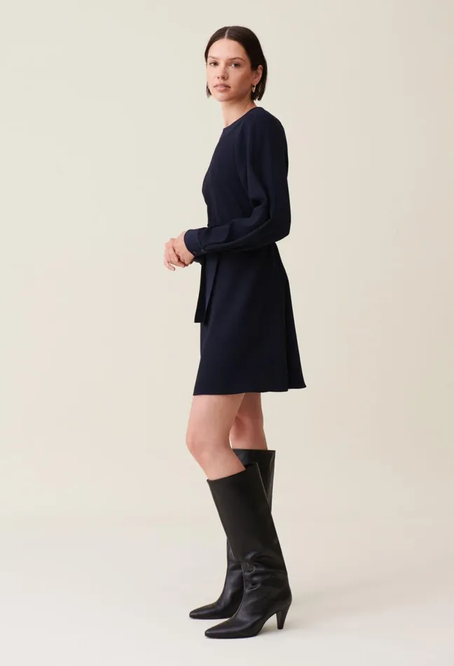 Claudie Pierlot Navy Belted Babydoll Dress Women Dresses