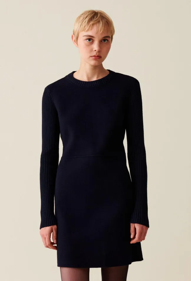 Claudie Pierlot Short Ribbed Back Knit Dress Navy Women Dresses