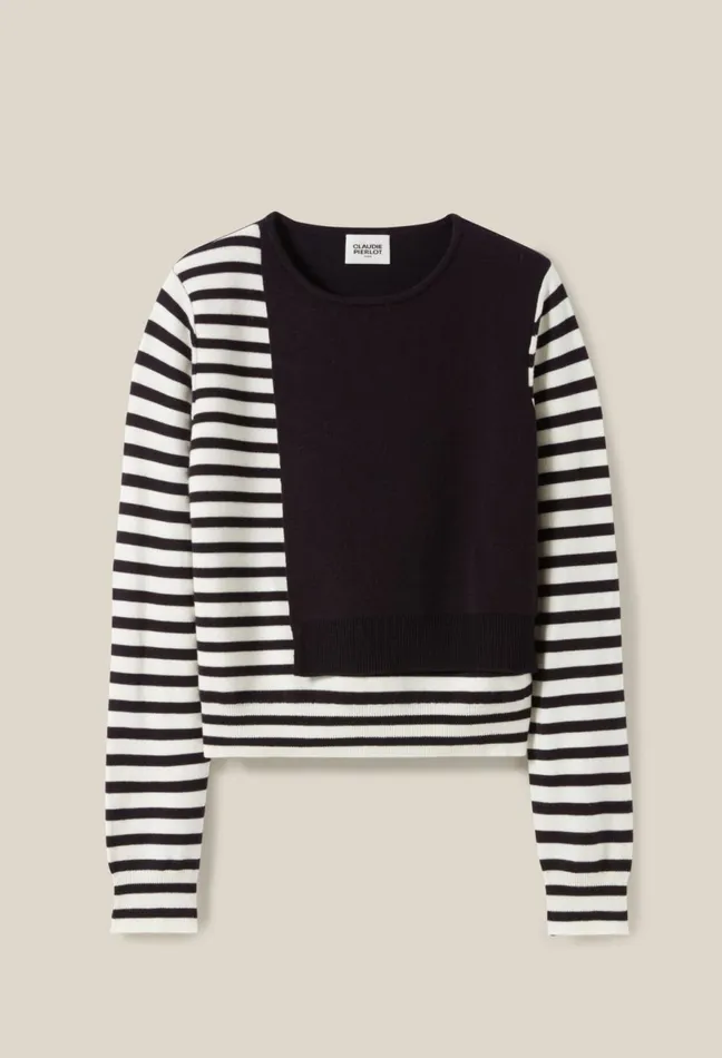 Claudie Pierlot Short Striped Jumper With Plain Flap Dualcolor Women Knitwear And Cardigans Claudie Pierlot Short Striped Jumper With Plain Flap Dualcolor Women Knitwear And Cardigans