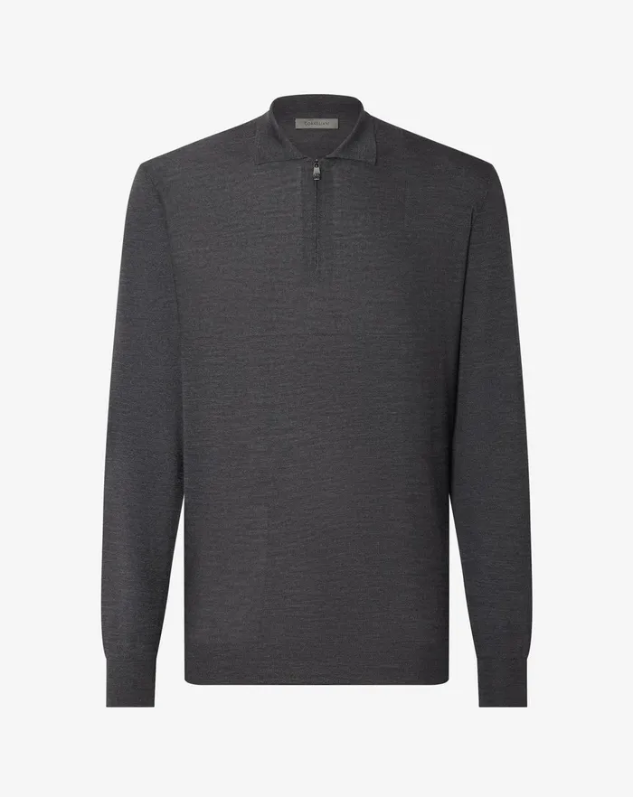 Corneliani Polos and TShirts Dark Grey Extra Fine Merino Wool Zipped Polo Shirt For Men 8211 Men