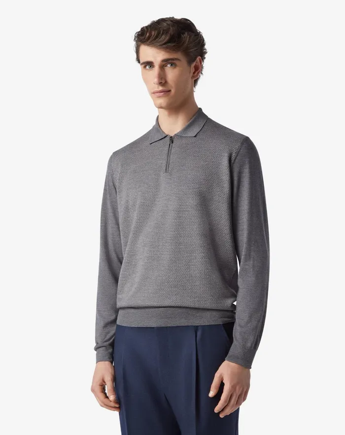 Corneliani Polos and TShirts Grey Shades Extra Fine Jacquard Wool Zipped Polo Shirt For Men 8211 Men