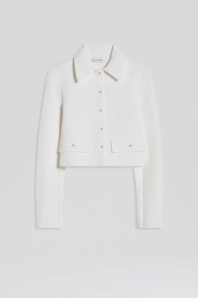 CREPE KNIT CROP BUTTON JACKET CREAM Jackets Scanlan Theodore Women CREPE KNIT CROP BUTTON JACKET CREAM Jackets Scanlan Theodore Women
