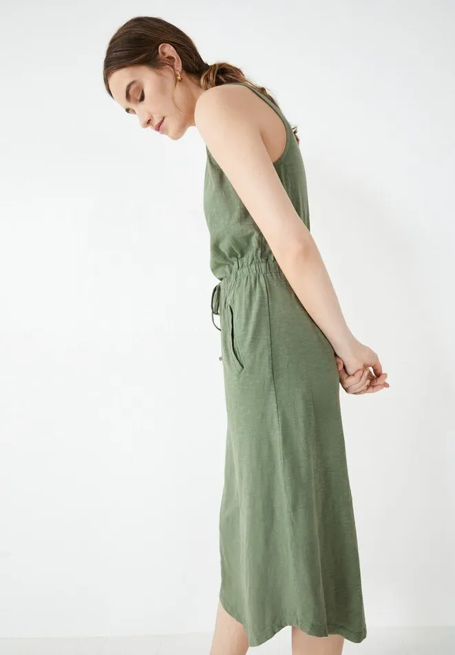 Hush Dresses Women VNeck Cotton Jersey Midi Dress Khaki