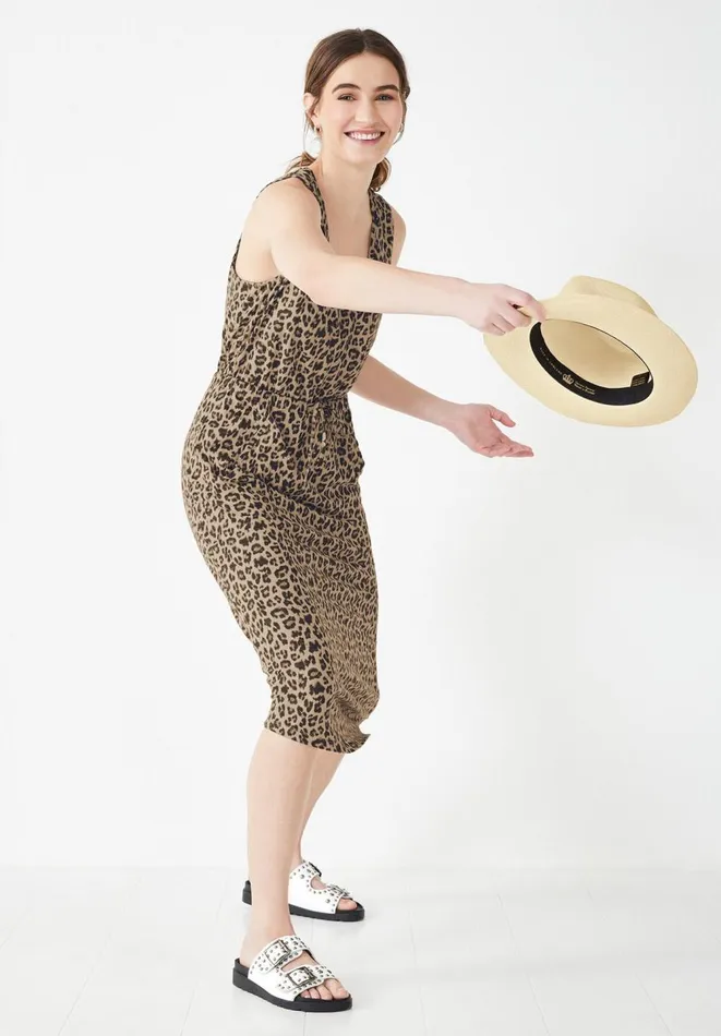 Hush Dresses Women VNeck Cotton Jersey Midi Dress Leopard