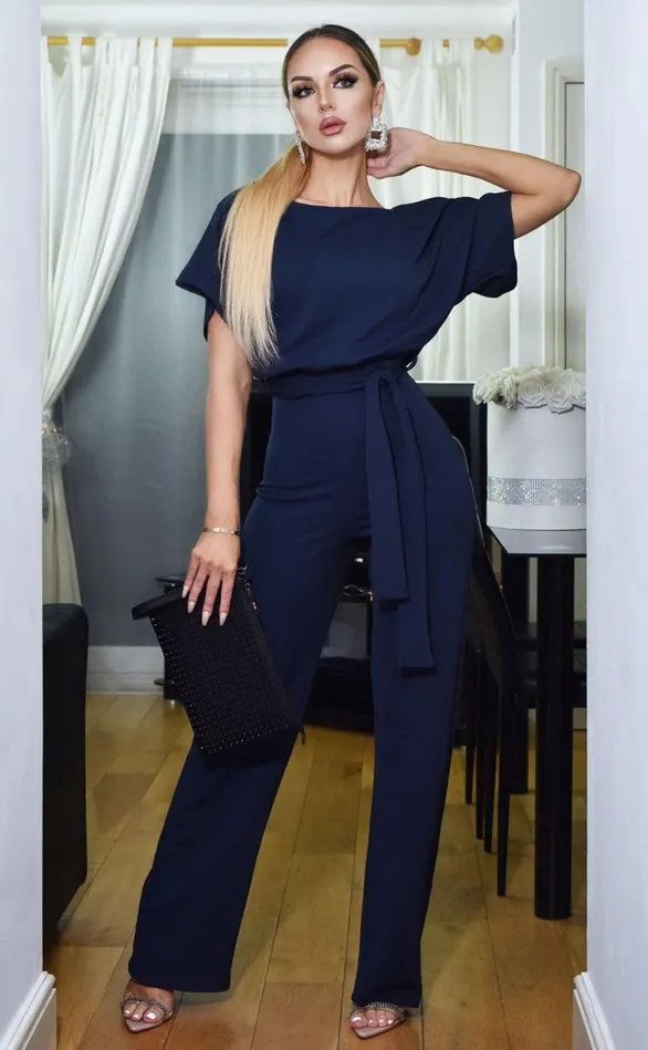 Jackie Navy Batwing Belted Jumpsuit Women Missfiga Jumpsuits