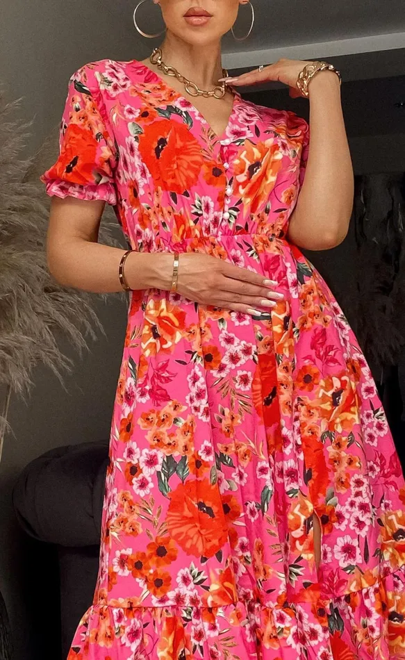 Jolene Red Floral Frill Hem Midi Dress Women Missfiga Skater Dresses