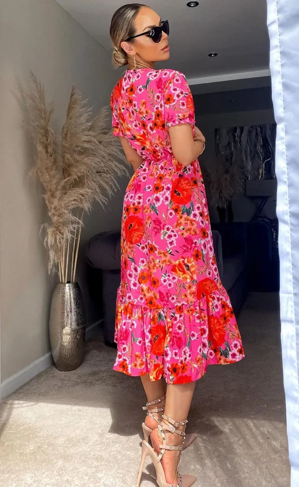 Jolene Red Floral Frill Hem Midi Dress Women Missfiga Skater Dresses Jolene Red Floral Frill Hem Midi Dress Women Missfiga Skater Dresses