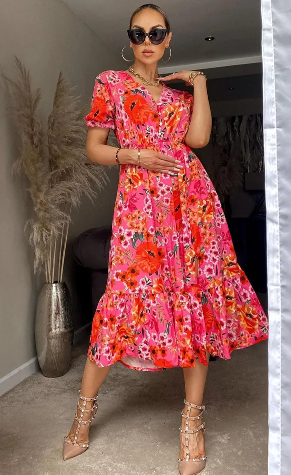 Jolene Red Floral Frill Hem Midi Dress Women Missfiga Skater Dresses Jolene Red Floral Frill Hem Midi Dress Women Missfiga Skater Dresses