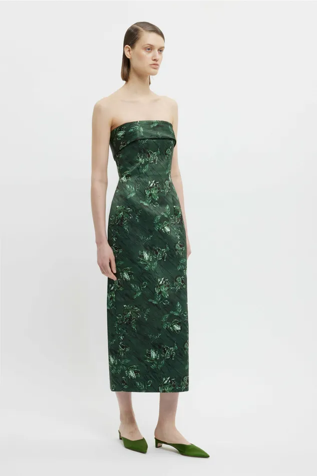Keeley Strapless Dress In Green Roses Marble Print Dresses Emilia Wickstead Women Keeley Strapless Dress In Green Roses Marble Print Dresses Emilia Wickstead Women