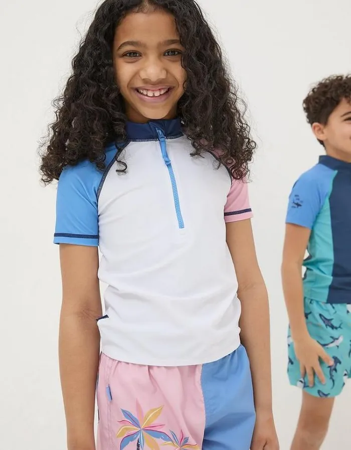 Kids FatFace Swimwear Colorblock Rash Vest Ivory