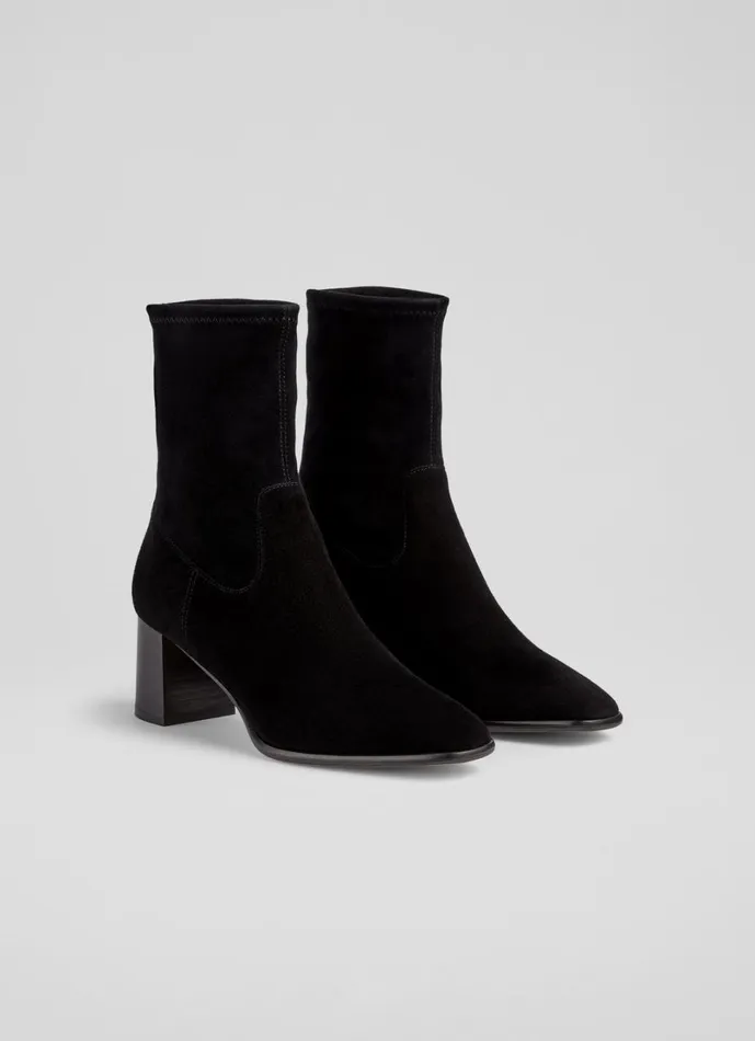 LKBennett Boots Women Harp Black Leather Block Heel Stretch Ankle Boot LKBennett Boots Women Harp Black Leather Block Heel Stretch Ankle Boot