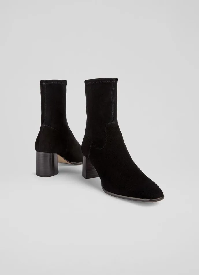 LKBennett Boots Women Harp Black Leather Block Heel Stretch Ankle Boot LKBennett Boots Women Harp Black Leather Block Heel Stretch Ankle Boot
