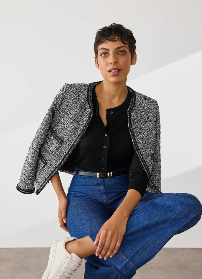 LKBennett Coats and Jackets Women Charlie Black and Ivory Tweed and Trim Jacket