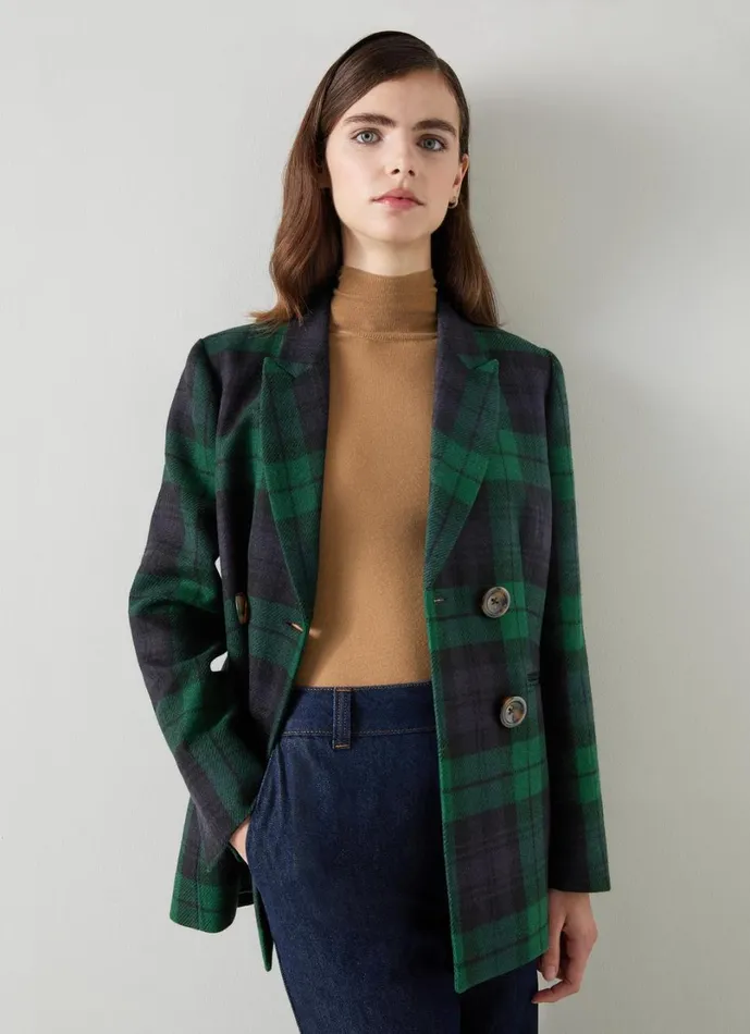 LKBennett Coats and Jackets Women Mariner Navy and Green Blackwatch Tartan Tailored Jacket