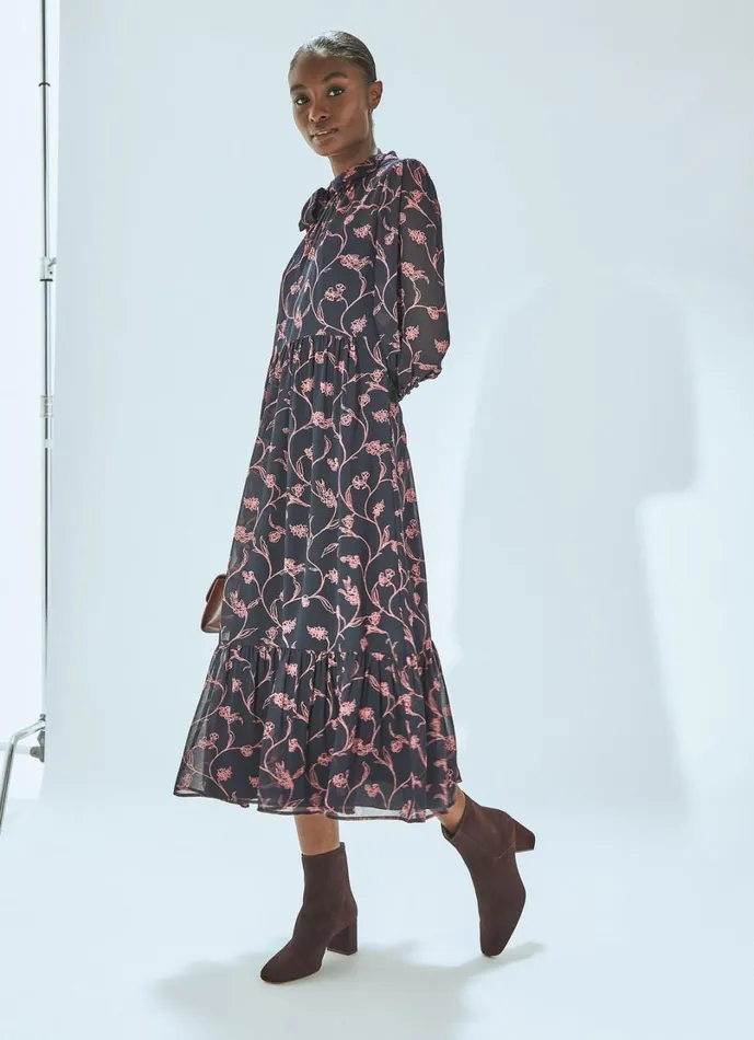 LKBennett Dresses Women Selina Spring Navy and Bright Pink Floral Print Dress