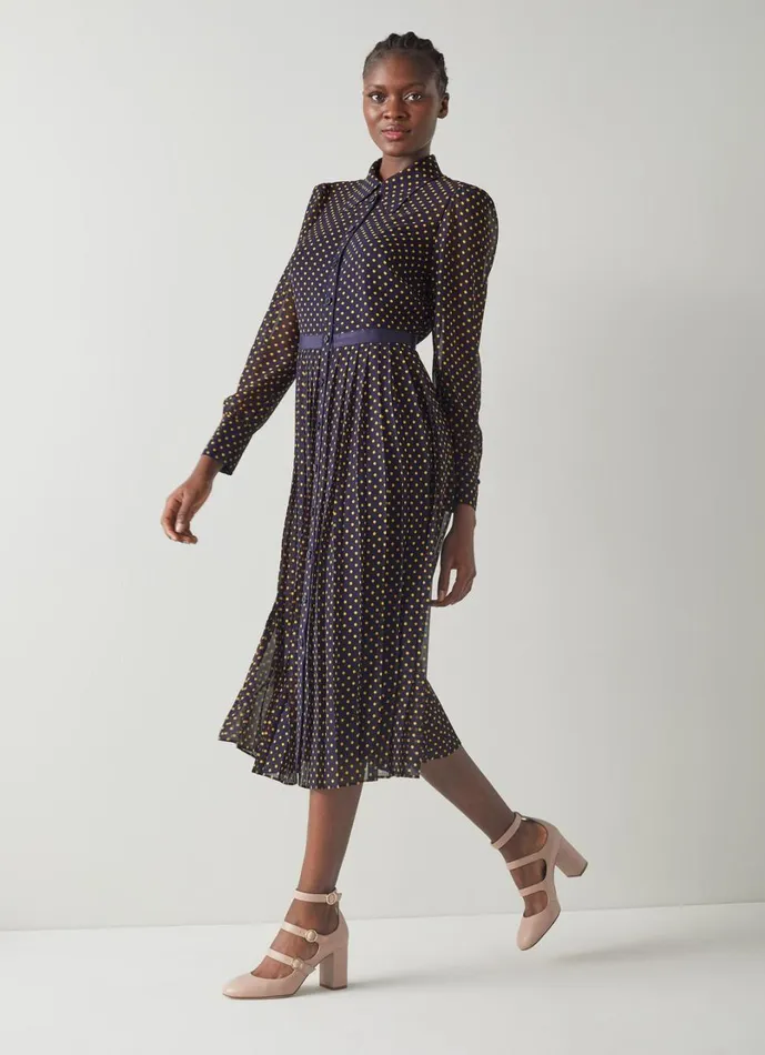 LKBennett Dresses Women Tallis Navy And Yellow Spot Print Pleated Shirt Dress LKBennett Dresses Women Tallis Navy And Yellow Spot Print Pleated Shirt Dress