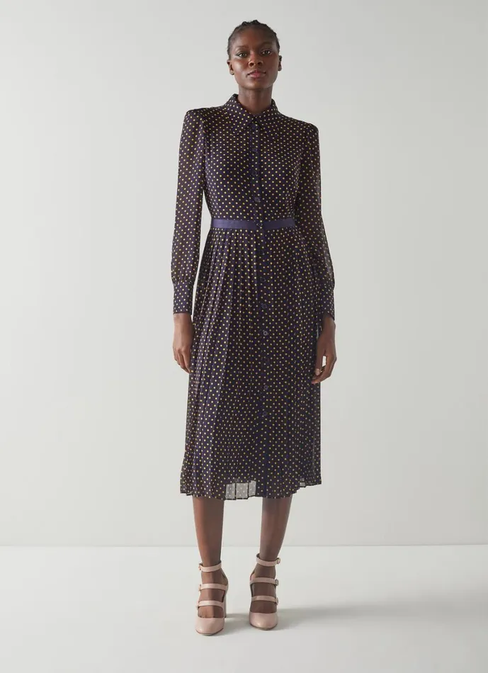 LKBennett Dresses Women Tallis Navy And Yellow Spot Print Pleated Shirt Dress LKBennett Dresses Women Tallis Navy And Yellow Spot Print Pleated Shirt Dress