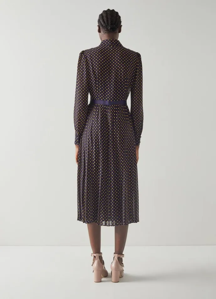 LKBennett Dresses Women Tallis Navy And Yellow Spot Print Pleated Shirt Dress LKBennett Dresses Women Tallis Navy And Yellow Spot Print Pleated Shirt Dress
