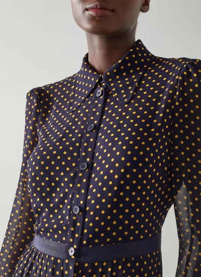 LKBennett Dresses Women Tallis Navy And Yellow Spot Print Pleated Shirt Dress LKBennett Dresses Women Tallis Navy And Yellow Spot Print Pleated Shirt Dress