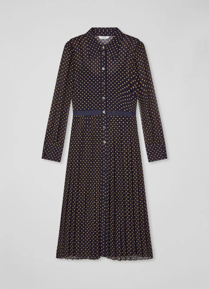 LKBennett Dresses Women Tallis Navy And Yellow Spot Print Pleated Shirt Dress LKBennett Dresses Women Tallis Navy And Yellow Spot Print Pleated Shirt Dress