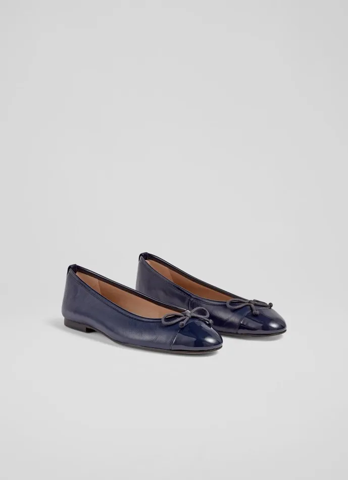 LKBennett Flats Women Kara Navy Leather And Patent Toe Cap Ballet Flats LKBennett Flats Women Kara Navy Leather And Patent Toe Cap Ballet Flats