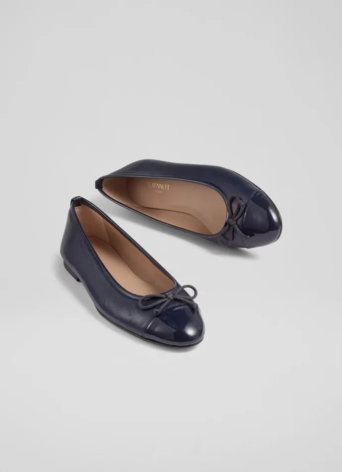 LKBennett Flats Women Kara Navy Leather And Patent Toe Cap Ballet Flats LKBennett Flats Women Kara Navy Leather And Patent Toe Cap Ballet Flats