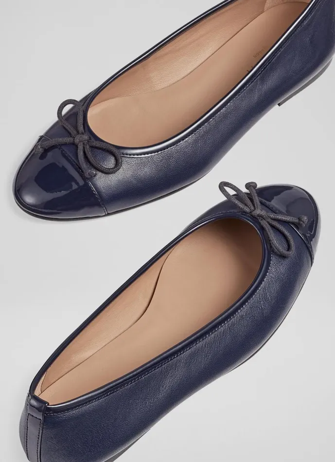 LKBennett Flats Women Kara Navy Leather And Patent Toe Cap Ballet Flats LKBennett Flats Women Kara Navy Leather And Patent Toe Cap Ballet Flats