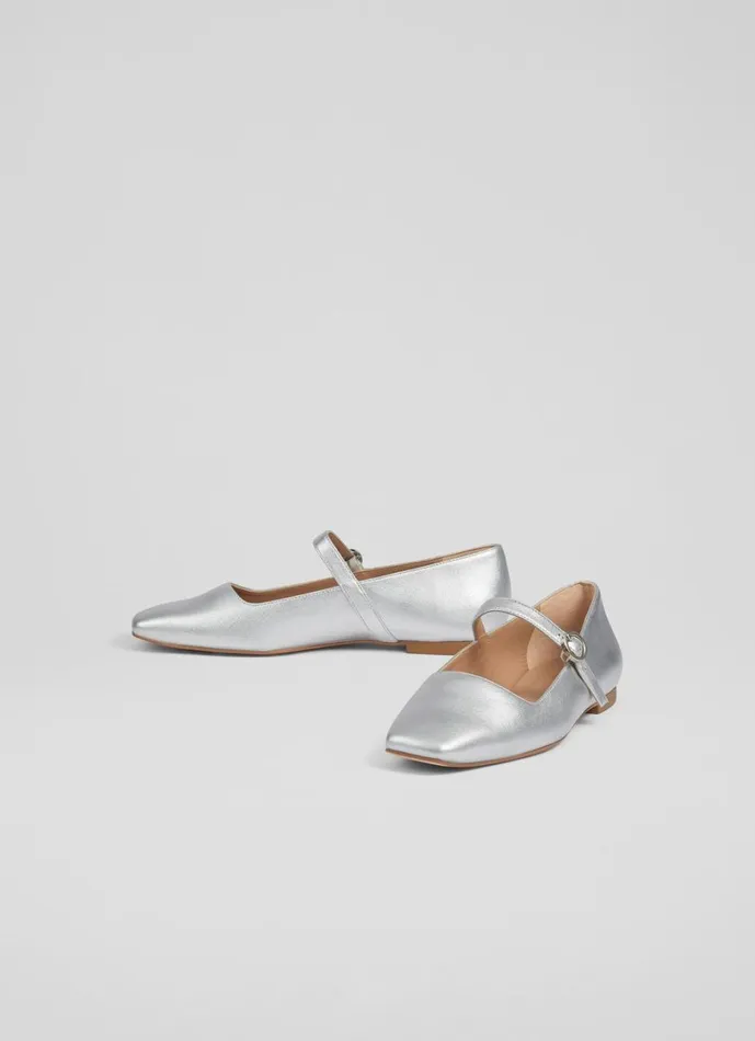 LKBennett Flats Women Willow Silver Leather Mary Jane Flats LKBennett Flats Women Willow Silver Leather Mary Jane Flats