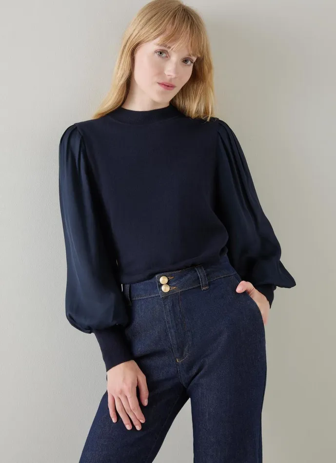 LKBennett Knitwear Women Erica Spring Navy Mixed Media Knitted Top LKBennett Knitwear Women Erica Spring Navy Mixed Media Knitted Top