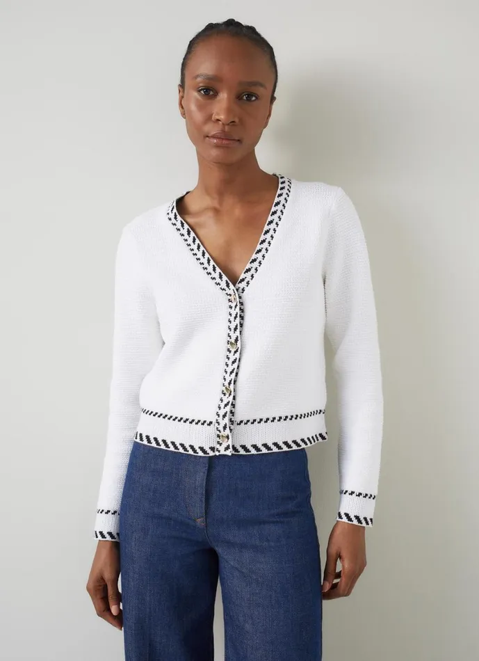 LKBennett Knitwear Women River Cream and Black Boxy Textured Cardigan LKBennett Knitwear Women River Cream and Black Boxy Textured Cardigan