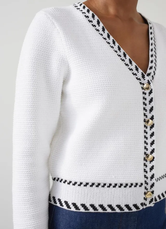 LKBennett Knitwear Women River Cream and Black Boxy Textured Cardigan LKBennett Knitwear Women River Cream and Black Boxy Textured Cardigan