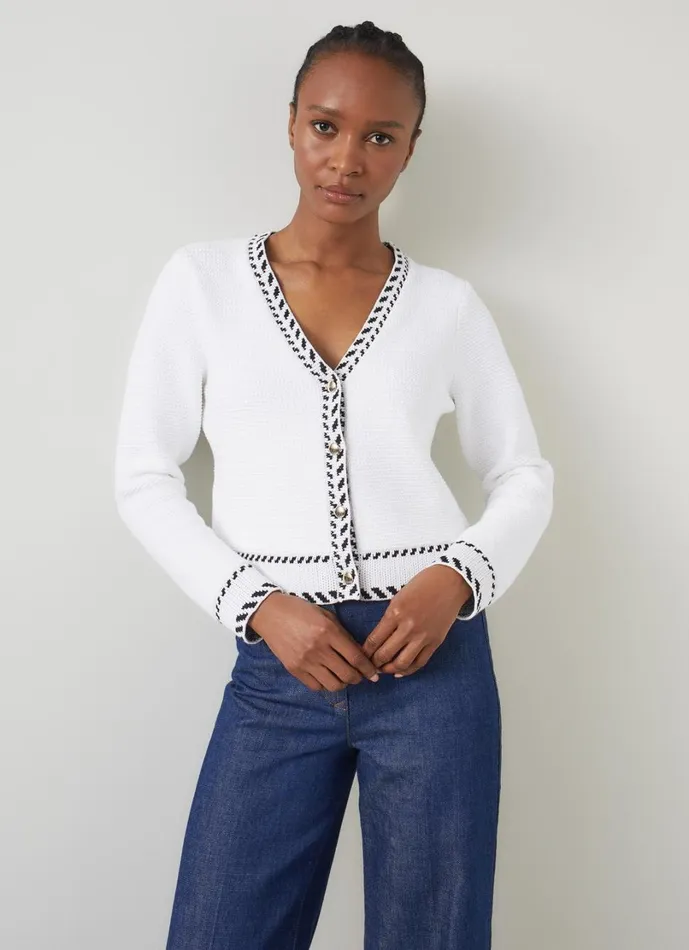 LKBennett Knitwear Women River Cream and Black Boxy Textured Cardigan LKBennett Knitwear Women River Cream and Black Boxy Textured Cardigan