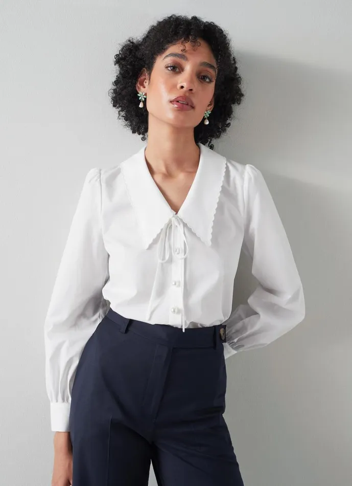 LKBennett Tops Women Beecham White Cotton Collar Blouse LKBennett Tops Women Beecham White Cotton Collar Blouse