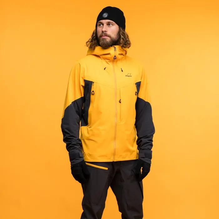 Men Bergans Of Norway Softshell Jackets Y Mountainline Hybrid Softshell Jacket Mango Yellow Dark Shadow Grey