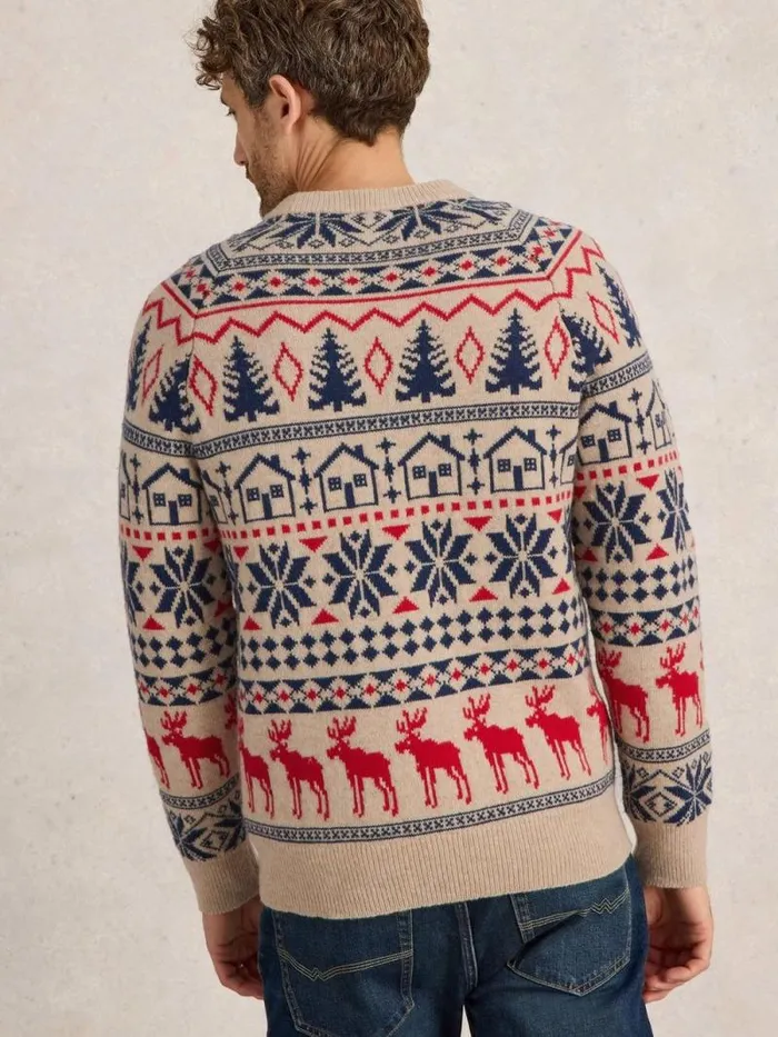 Men Moose Fairisle Wool Crew Jumper Natural Multi White Stuff Knitwear Men Moose Fairisle Wool Crew Jumper Natural Multi White Stuff Knitwear