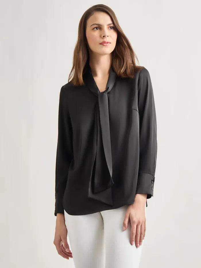 Misook Solid Tie Neck Crepe De Chine Blouse Women Tops and Tees