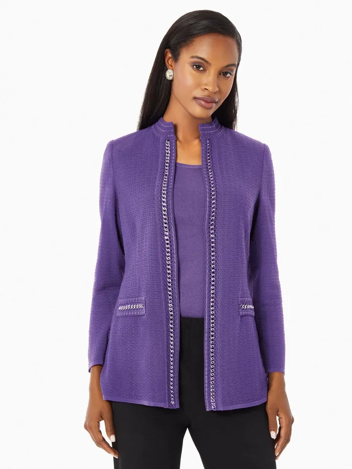 Misook Tailored Fit Crocheted Chain Trim Textured Knit Jacket Women Jackets and Coats