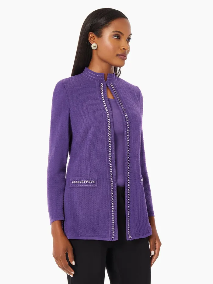 Misook Tailored Fit Crocheted Chain Trim Textured Knit Jacket Women Jackets and Coats Misook Tailored Fit Crocheted Chain Trim Textured Knit Jacket Women Jackets and Coats