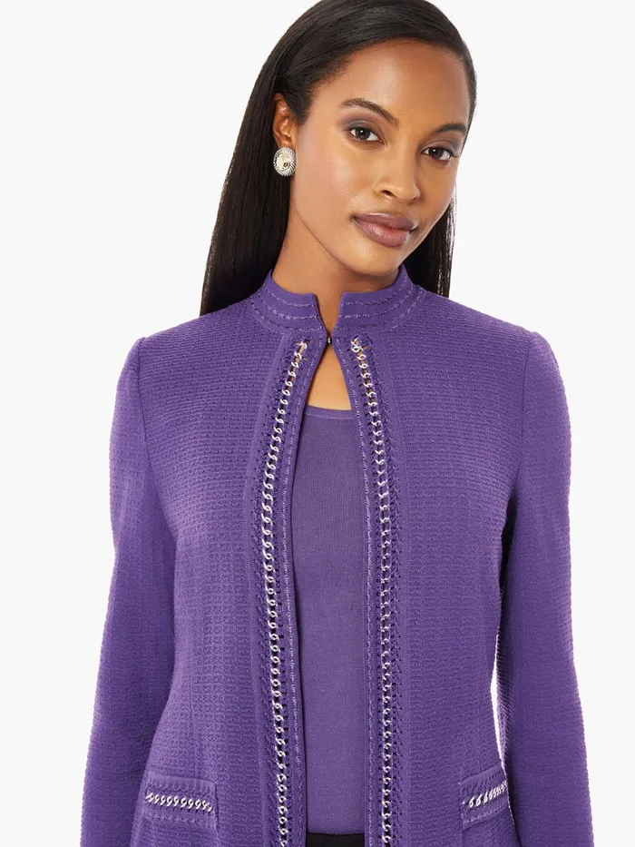 Misook Tailored Fit Crocheted Chain Trim Textured Knit Jacket Women Jackets and Coats Misook Tailored Fit Crocheted Chain Trim Textured Knit Jacket Women Jackets and Coats